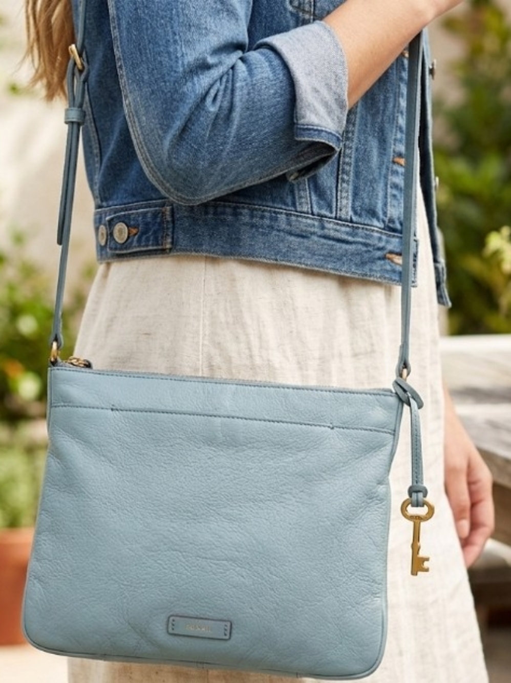 Fossil Light Bluish Grey Devon Leather Crossbody Bag EUC